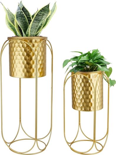 Set of 2 Indoor Outdoor Decorative Planters with Stand for Plants 65.5 & 45.5cm Tall Morden Flower Pot Stand for Dining Room Kitchen Office Garden Patio Wedding (Golden Honeycomb Stamping)