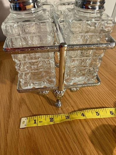 Vintage 4 piece Glass Cut Cruet Set, with Silver Plated Stand