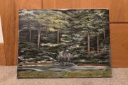Original Painting on Canvas Depicting a Forest and Waterfall