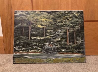 Original Painting on Canvas Depicting a Forest and Waterfall