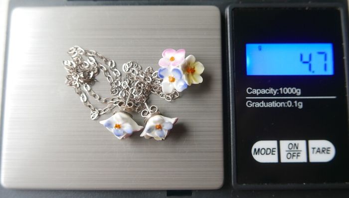 Vintage 925 Sterling Silver Harrods EARRINGS & NECKLACE, Harrods, polychrome painted porcelain.