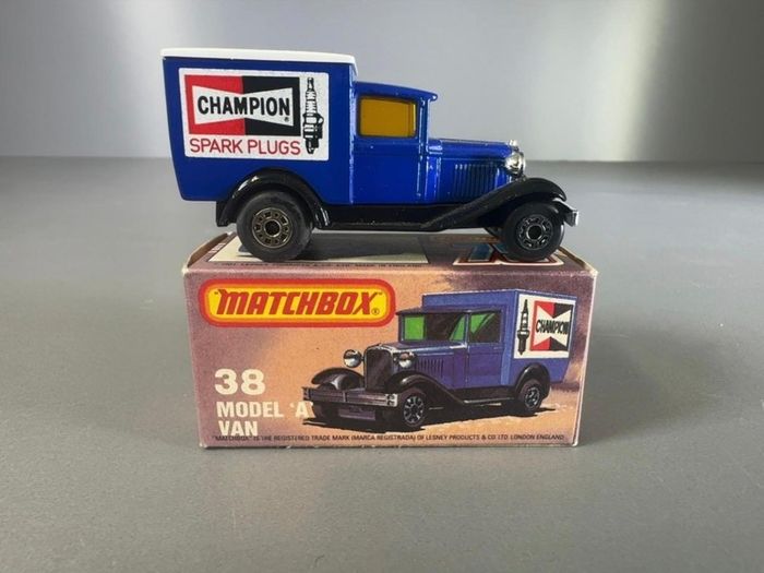 Matchbox Superfast No. 38 Model A Ford Van Champion Spark Plugs with Original Box