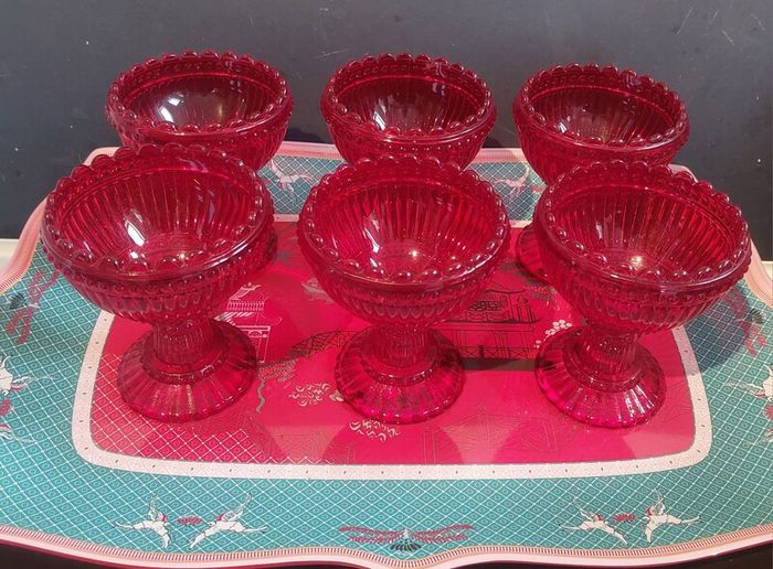 Fabulous Vintage Retro Set of Six Matching Red Sundae Glasses with a Relief Pattern Very Similar to the Very Popular Iittala Marimekko Maribowl Glasses in Cranberry - Perfect for Halloween