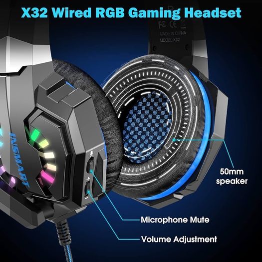 Gaming Headset with Mic, Headset for PS4/PS5/Xbox/Switch/Laptop, Over-Ear PC Gaming Headphones, Noise Cancelling & Volume Control