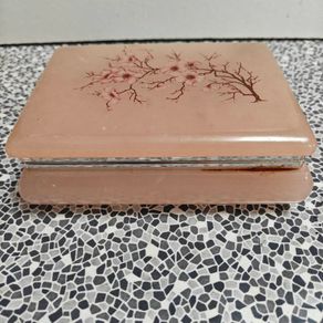 Italian Pink Alabaster Heavy Jewellery Box Cherry Blossom Design.