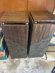 2X Designer Hall/Lamp Tables in Brown & Gold with leather decrative front