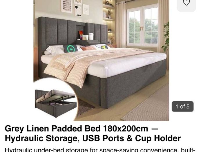 Grey Linen Super King Size Bed with storage,USB ports and cup holders