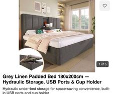 Grey Linen Super King Size Bed with storage,USB ports and cup holders