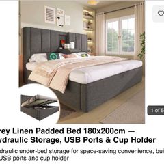 Grey Linen Super King Size Bed with storage,USB ports and cup holders