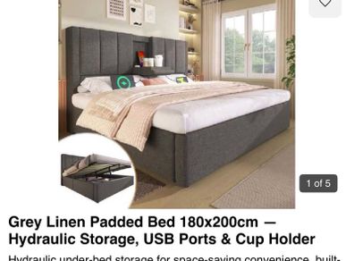 Grey Linen Super King Size Bed with storage,USB ports and cup holders