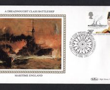 1982 Great Britain Benham Silke Cover showing A dreadnought Class Battleship tying 26p Lord Fisher and H.M.S. Dreadnought commemorative stamp