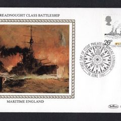 1982 Great Britain Benham Silke Cover showing A dreadnought Class Battleship tying 26p Lord Fisher and H.M.S. Dreadnought commemorative stamp