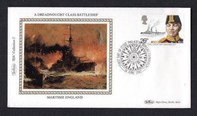 1982 Great Britain Benham Silke Cover showing A dreadnought Class Battleship tying 26p Lord Fisher and H.M.S. Dreadnought commemorative stamp