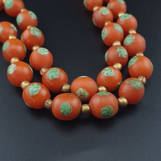 Vintage Venetian Style Orange Floral Glass With pumtek pyu Pendant Necklace