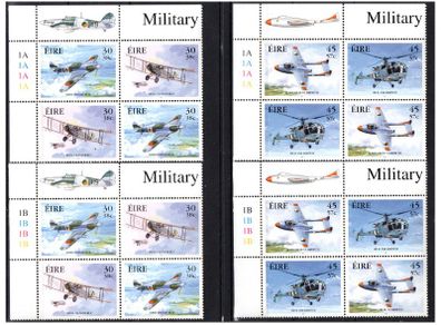 2000 Ireland Military Aviation Stamp 30p/38c  & 45p/57c Commemorative Stamps Plate Blocks 1A1A1A1A & 1B1B1B1B Mint Never Hinged (MNH)