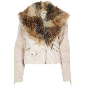 BNWT River Island beige blues faux leather jacket with fur collar size UK16 EU44 Postage included