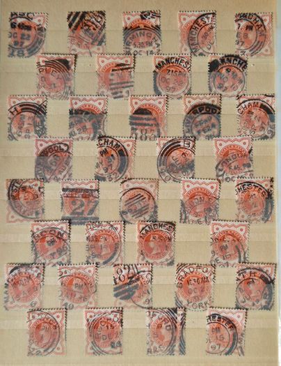 Great Britain Queen Victoria 1887. Jubilee Issue Bulk Study Lot. 72 Used Stamps on Stock Pages, 1/2d Vermilion and 2 1/2d Purple, Blue.