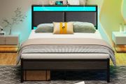 4FT6 Double Bed Frame, Metal Platform Upholstered Bed Frame with Storage Headboard, Heavy Duty Metal Bed Double Size with LED Lights and Charging Station,Mattress Foundation (Black)