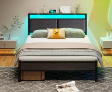 4FT6 Double Bed Frame, Metal Platform Upholstered Bed Frame with Storage Headboard, Heavy Duty Metal Bed Double Size with LED Lights and Charging Station,Mattress Foundation (Black)