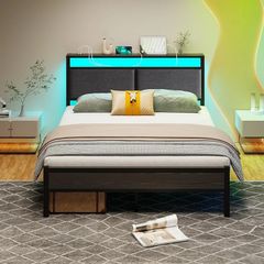 4FT6 Double Bed Frame, Metal Platform Upholstered Bed Frame with Storage Headboard, Heavy Duty Metal Bed Double Size with LED Lights and Charging Station,Mattress Foundation (Black)
