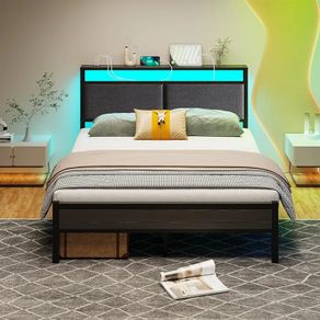 4FT6 Double Bed Frame, Metal Platform Upholstered Bed Frame with Storage Headboard, Heavy Duty Metal Bed Double Size with LED Lights and Charging Station,Mattress Foundation (Black)