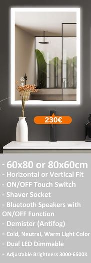 LED Bathroom Mirrors Speakers Demister Antifog Weather Station Clock Dual LED Sensor Touch