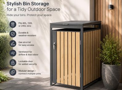 Single Wheelie Bin Storage Box with Gas Struts  Fits 60L, 120L & 240L Bins