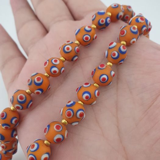 Antique Venetian Style Skunk Eyes Orange Glass Beads Necklace