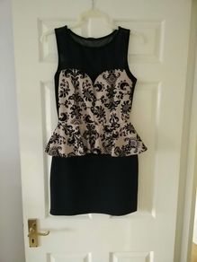 Evita brand Black Dress with Cream Design Peplum