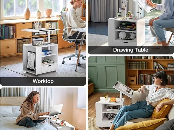 Bedside Table with LED Lights, Nightstand with Height Adjustable, Side Table with Drawer & Open Shelf, Bedside Cabinet Movable with Magazine Rack, for Bedroom, Living room, Office, White