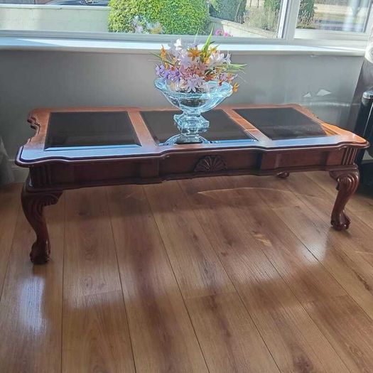 Large Traditional Solid Wood & Smoked Glass Coffee Table