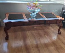 Large Traditional Solid Wood & Smoked Glass Coffee Table