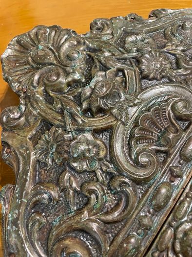 Antique Ornate Dutch Brass Repousse Cushion Wall Mirror Bevelled Glass