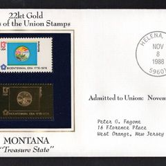 1988 USA  Montana "Treasure Tree State" 22kt Gold Replica of the 1976 United States Flag Stamps showing 25c US flag definitive tied Helena, Montana (state capital) illustrated cover