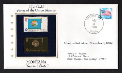 1988 USA  Montana "Treasure Tree State" 22kt Gold Replica of the 1976 United States Flag Stamps showing 25c US flag definitive tied Helena, Montana (state capital) illustrated cover