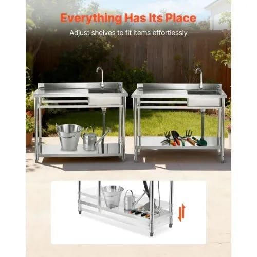 Stainless Steel Utility Sink, Free Standing Single Bowl Commercial Kitchen Sink with Faucet, Utility Left Basin Workbench with Hot & Cold Water Pipe for Garage Restaurant Laundry, 1200x500x940mm