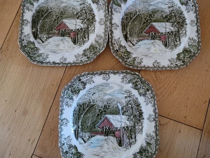 Set of 3 Vintage The Friendly Village The Covered Bridge by Johnson Bros Square Bone China Plates