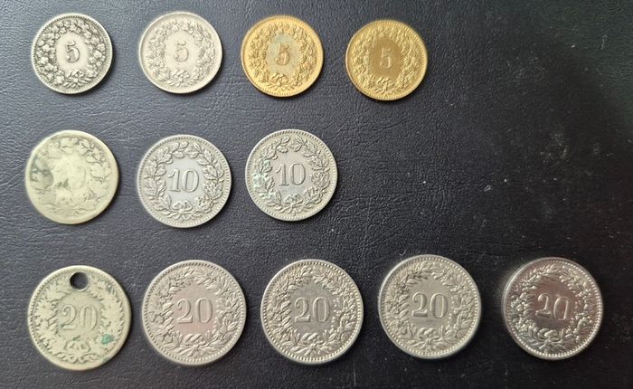Swiss coins, including silver examples