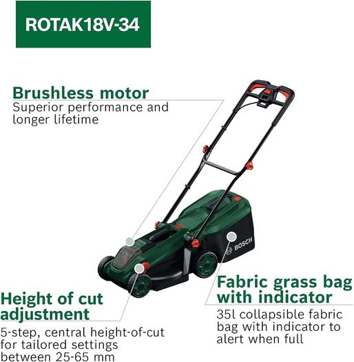 Cordless Lawn Mower ROTAK18V-34 (Cutting Width: 34 cm, Height of Cut: 25-65 mm, 35 l Fabric Grass Bag, Mulch plug, without Battery