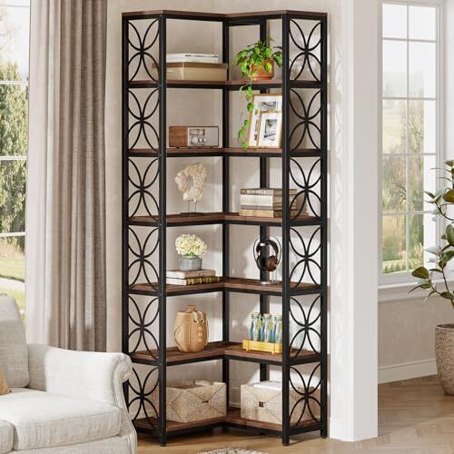 7 Tier L Shaped Corner Bookcase Freestanding Rustic Brown & Black