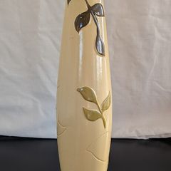 Tall Ceramic Vase Cream Green Botanical Branch Slim 40cm Modern Decor