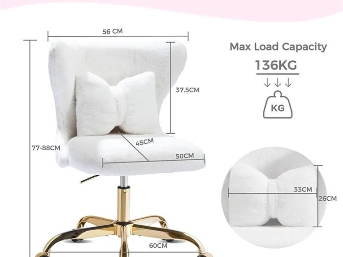 Vanity Chair with Gold Wheels & Bow Pillow, Fluffy Desk Chairs for Home Office & Bedroom, Height Adjustable& Easy to Assemble,White