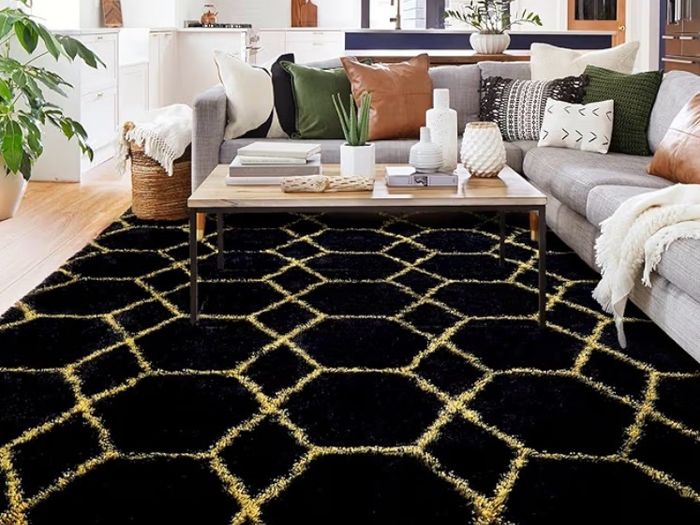 120x180cm Black and Gold Rugs Living Room, Machine Washable Non-Shedding Non Slip Rug, Thick Soft Fluffy Carpet, Geometric Rugs for Kids Room, Kitchen, Lounge, Bedside