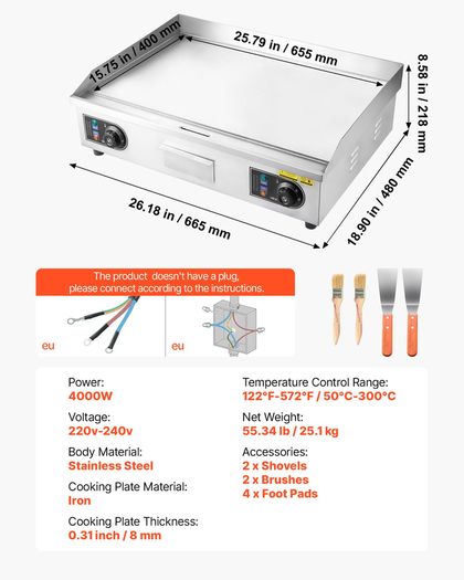 Commercial Electric Griddle, 655 x 400 mm, 4000W, 50-300C Adjustable Temp Control, Stainless Steel Countertop Flat Top Grill with 2 Spatulas, 2 Brushes, and 4 Foot Pads, for Steak(NO PLUG)