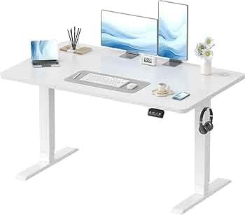 Electric Standing Desk 120x60cm Sit Stand Table Height Adjustable with Backpack Hook and Memory Smart Pannel, Home Office, White