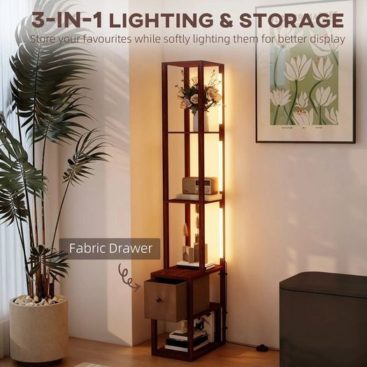 Floor Lamp with Shelves, LED Column Modern Standing Lamp with Fabric Drawer