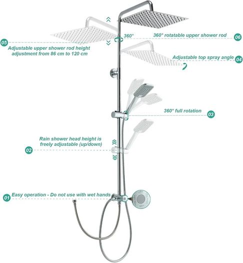 Shower Riser Rail Kit, with 10"(25cm) Square Rainfall ShowerHead and Handheld, 1.6m Hose Without Mixer, Shower Column for Bathroom, Chrome
