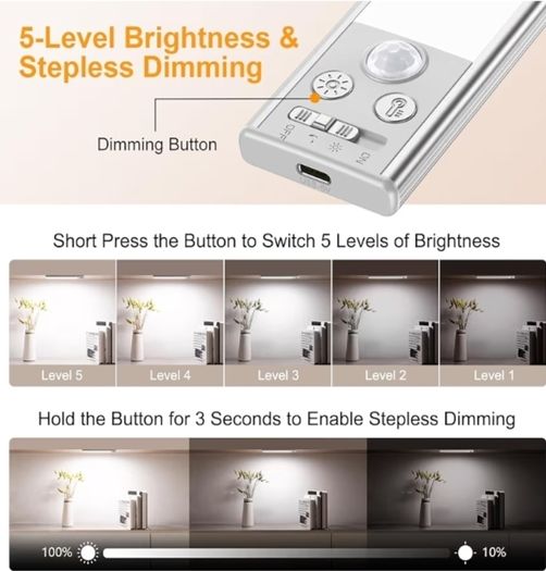 Cabinet Kitchen Lights Rechargeable-3 Color Temps&5 Level Brightness, Super Bright, 4 Modes, Motion Sensor, Long Lasting-Easy Installation Strong Magnetic Under Closet Light-26CM/2 Pack