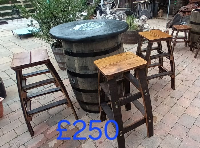 Oak barrel  with stools for garden patio bar mancave