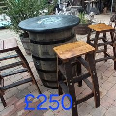 Oak barrel  with stools for garden patio bar mancave